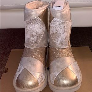 Gold glittered patched uggs